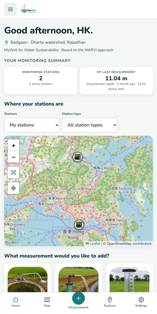OurWater home screen showing a monitoring summary and station map